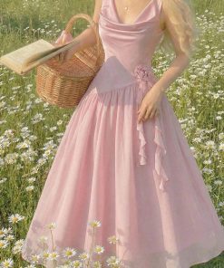 Romantic Pink Floral A-Line Midi Dress