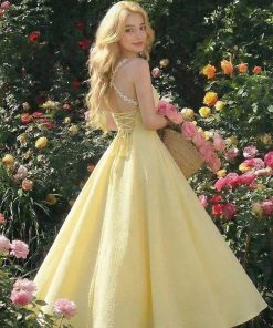 Vintage Lace-Up Back Yellow Midi Dress