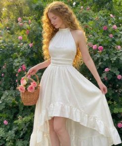 Elegant Halter High-Low Ruffle Dress