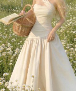 One-Shoulder Pleated Maxi Dress